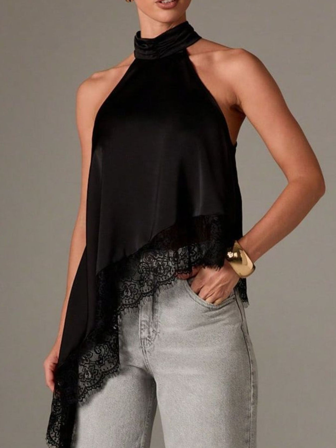 Satin halter neck cami with lace trim asymmetrical hem