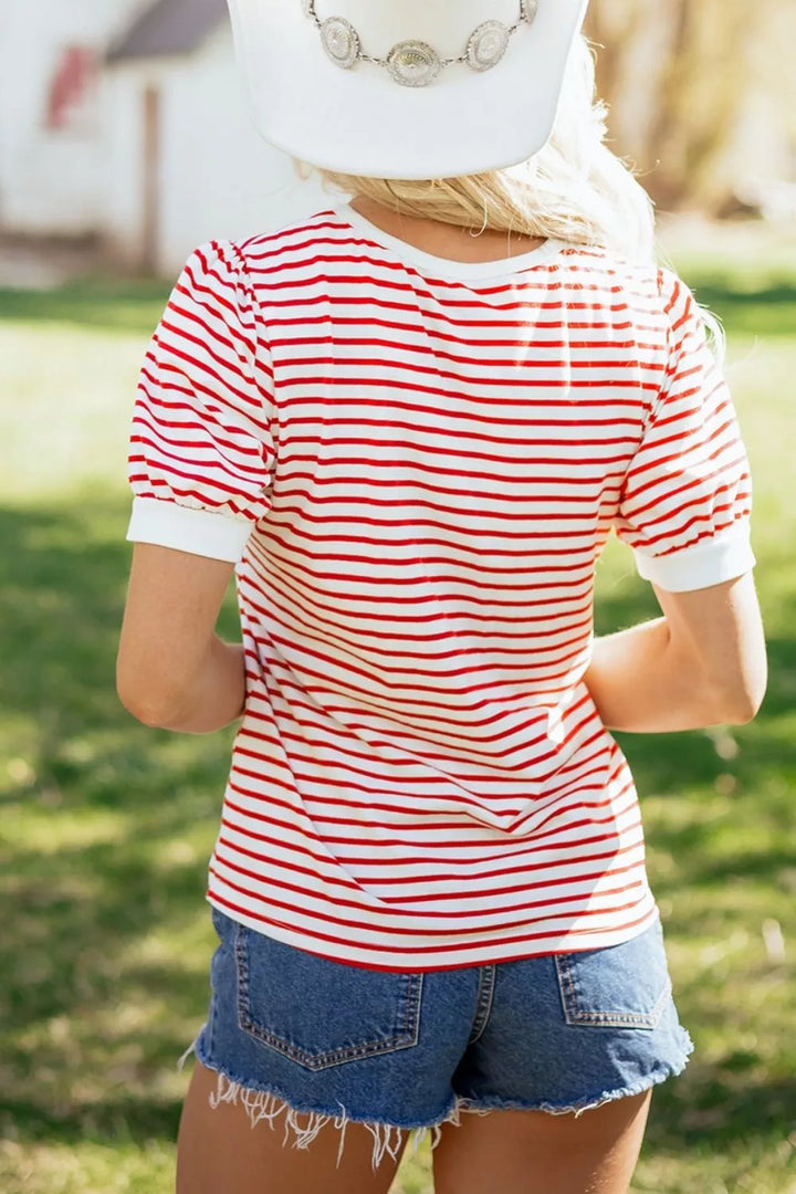 Striped contrast-trim crew neck puff sleeve tee