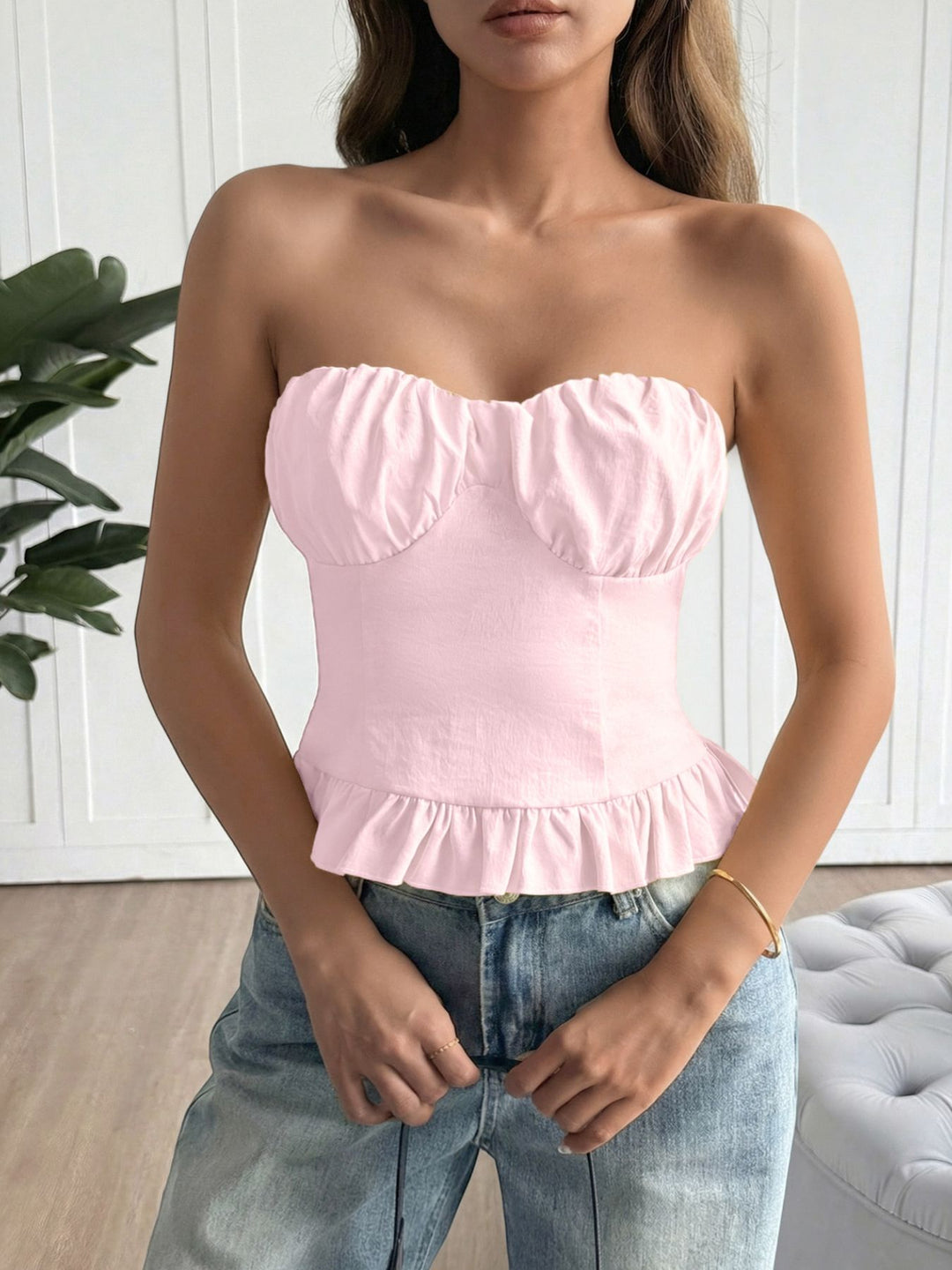 Pink Ruched sweetheart tube top with ruffle peplum hem