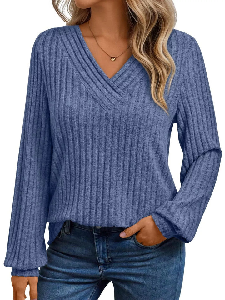 Blue Ribbed knit v-neck top with blouson sleeves