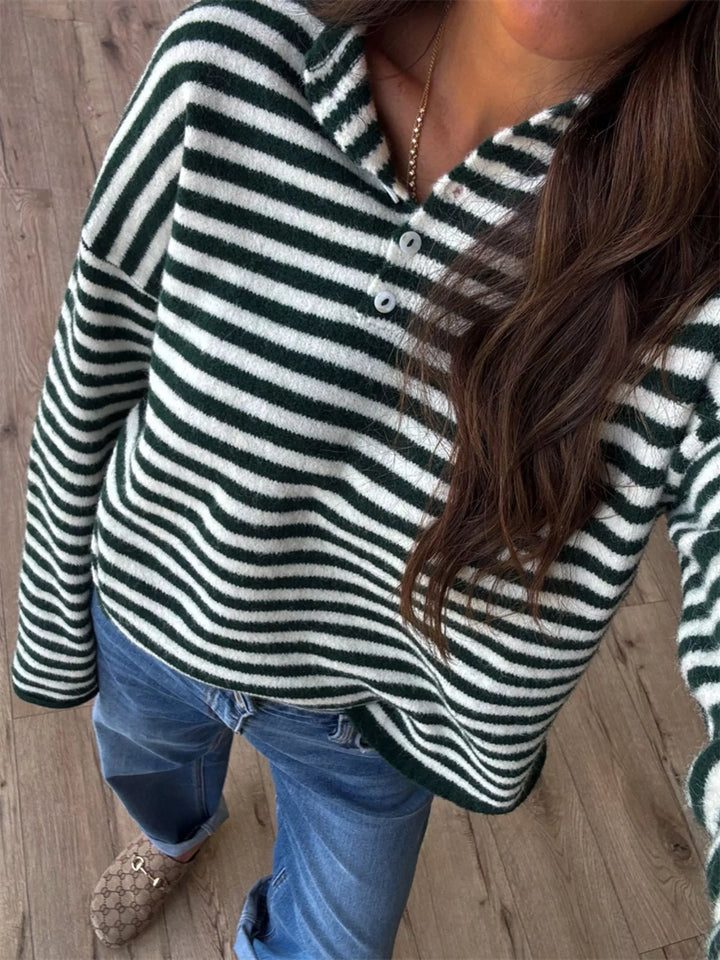 Green Striped dropped-shoulder collared sweater with button placket