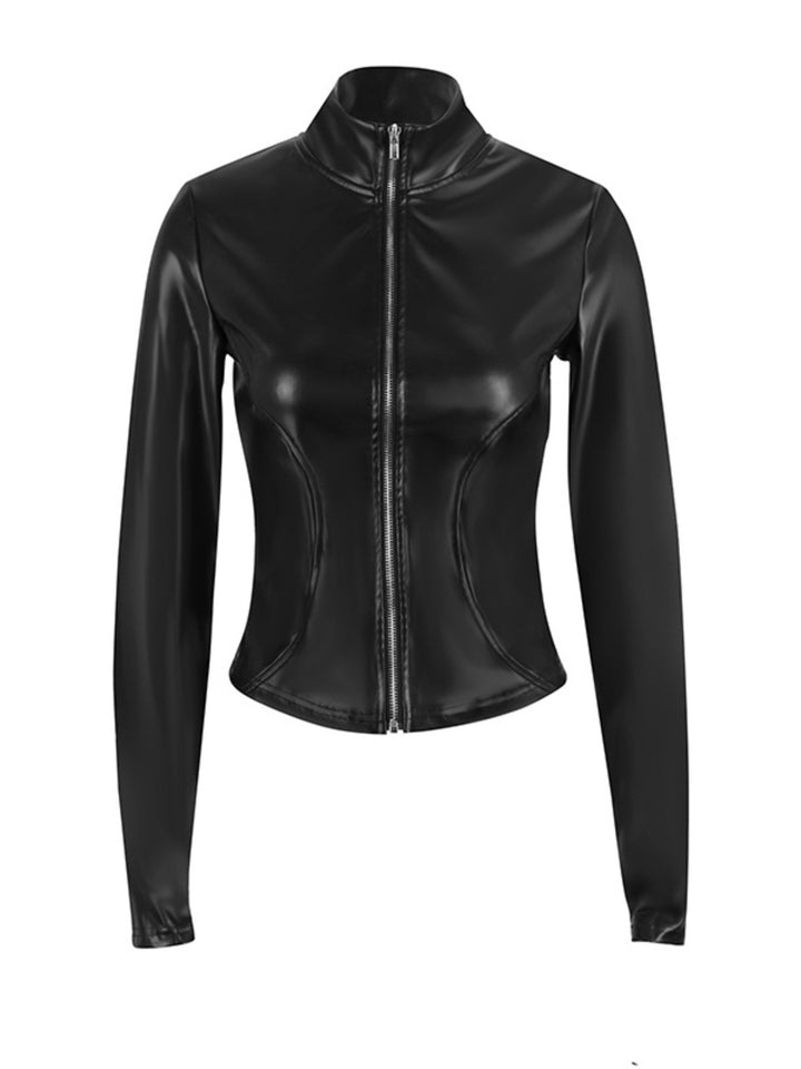 Fitted faux-leather jacket with stand collar and zip front