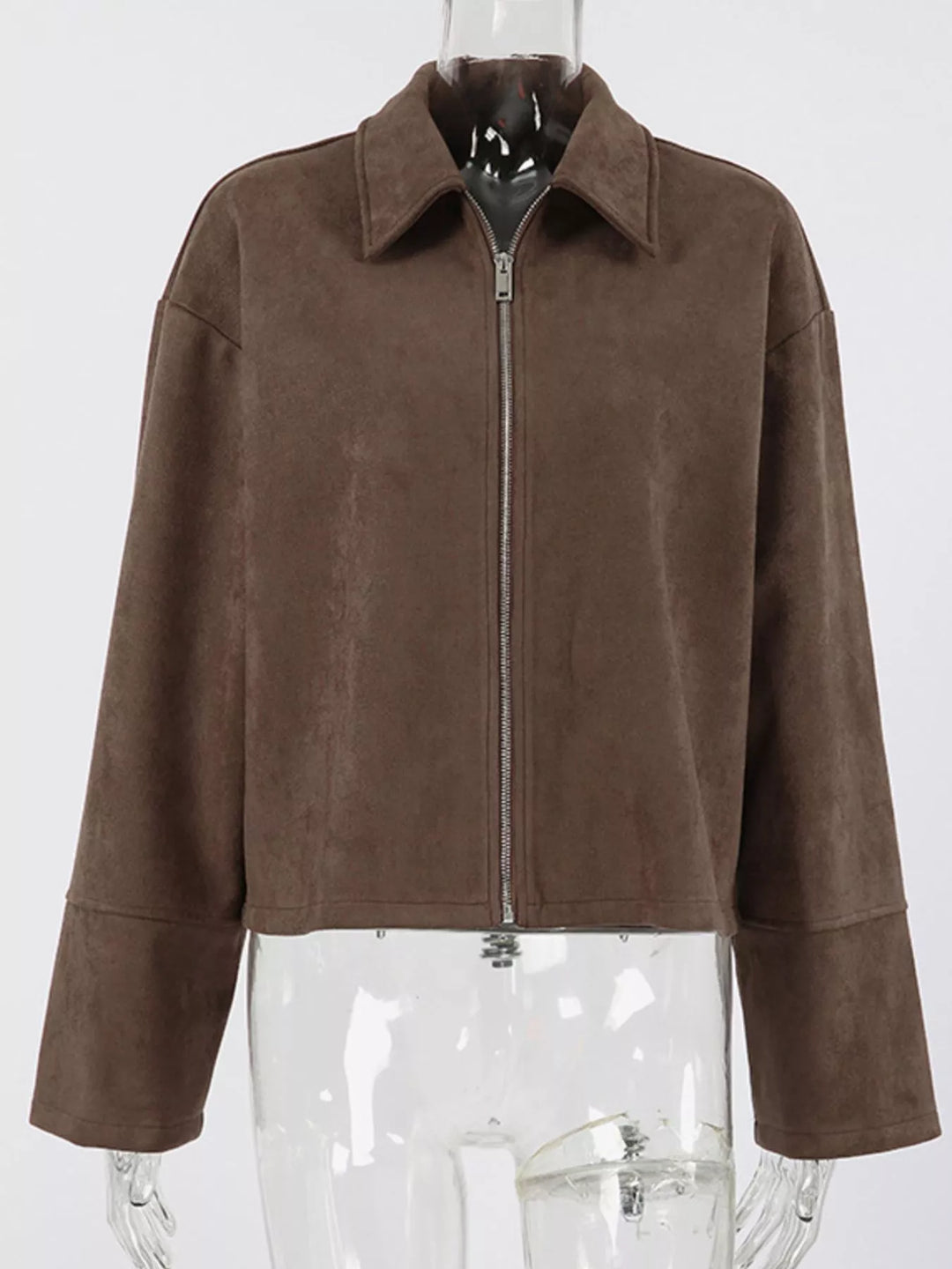 Cropped faux suede zip-up jacket with dropped shoulders
