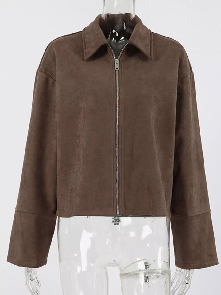 Cropped faux suede zip-up jacket with dropped shoulders