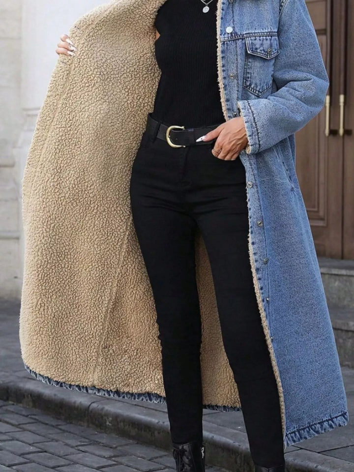 Sherpa-lined longline button-front denim jacket