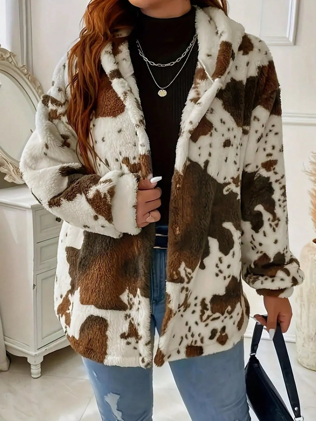 Cow print plush fleece hooded jacket with button front