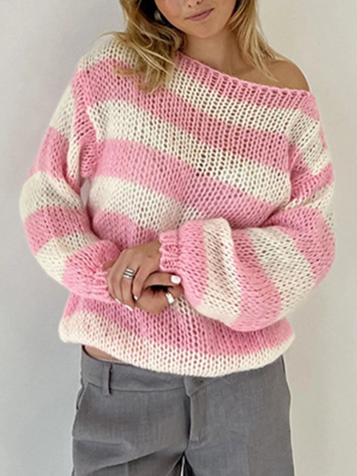 Striped open-knit crew neck sweater with balloon sleeves