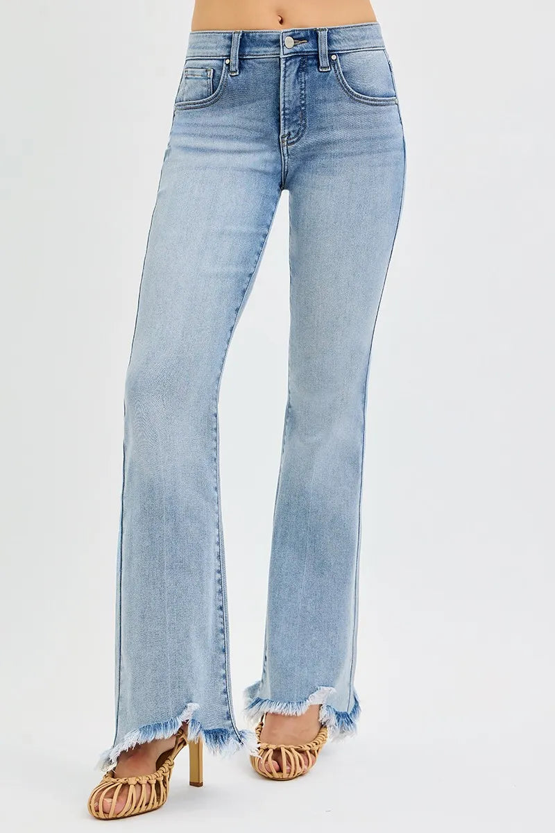 Mid-rise flare jeans with frayed raw hem and tummy control