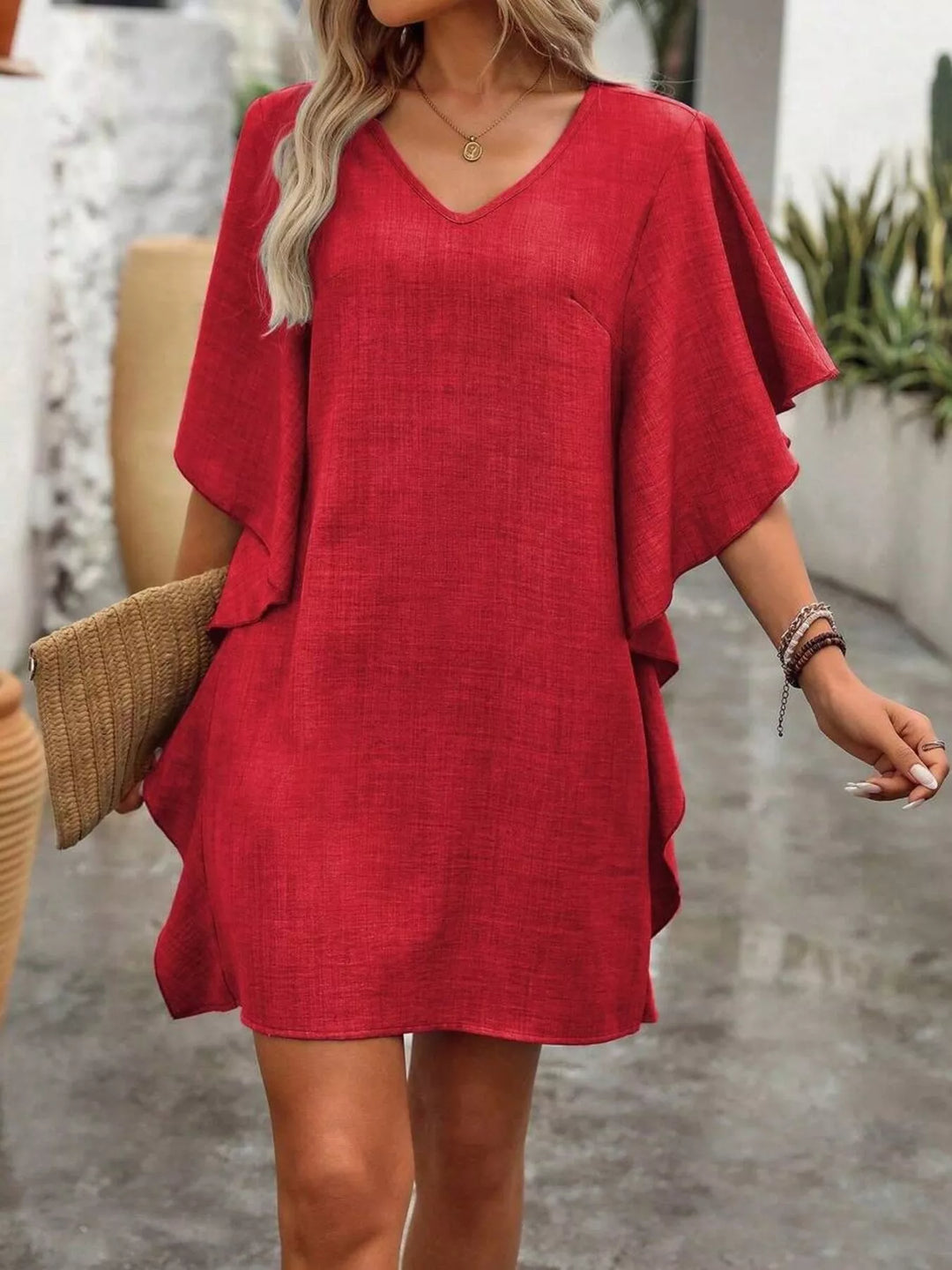 Red Flutter sleeve V-neck relaxed mini shift dress