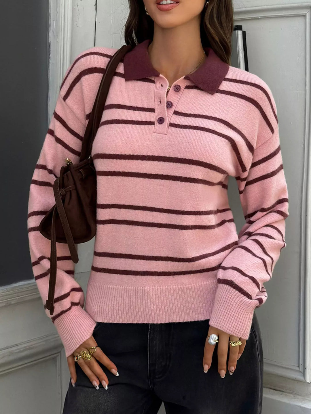 Pink And Brown Stripes Striped polo collar sweater with dropped shoulders