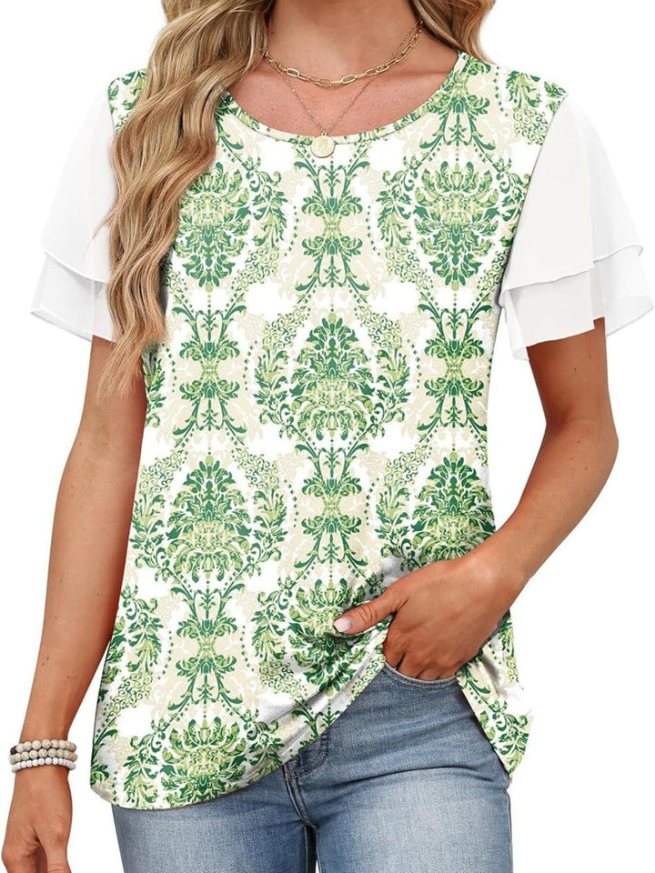 Layered leopard ruffle sleeve round neck top