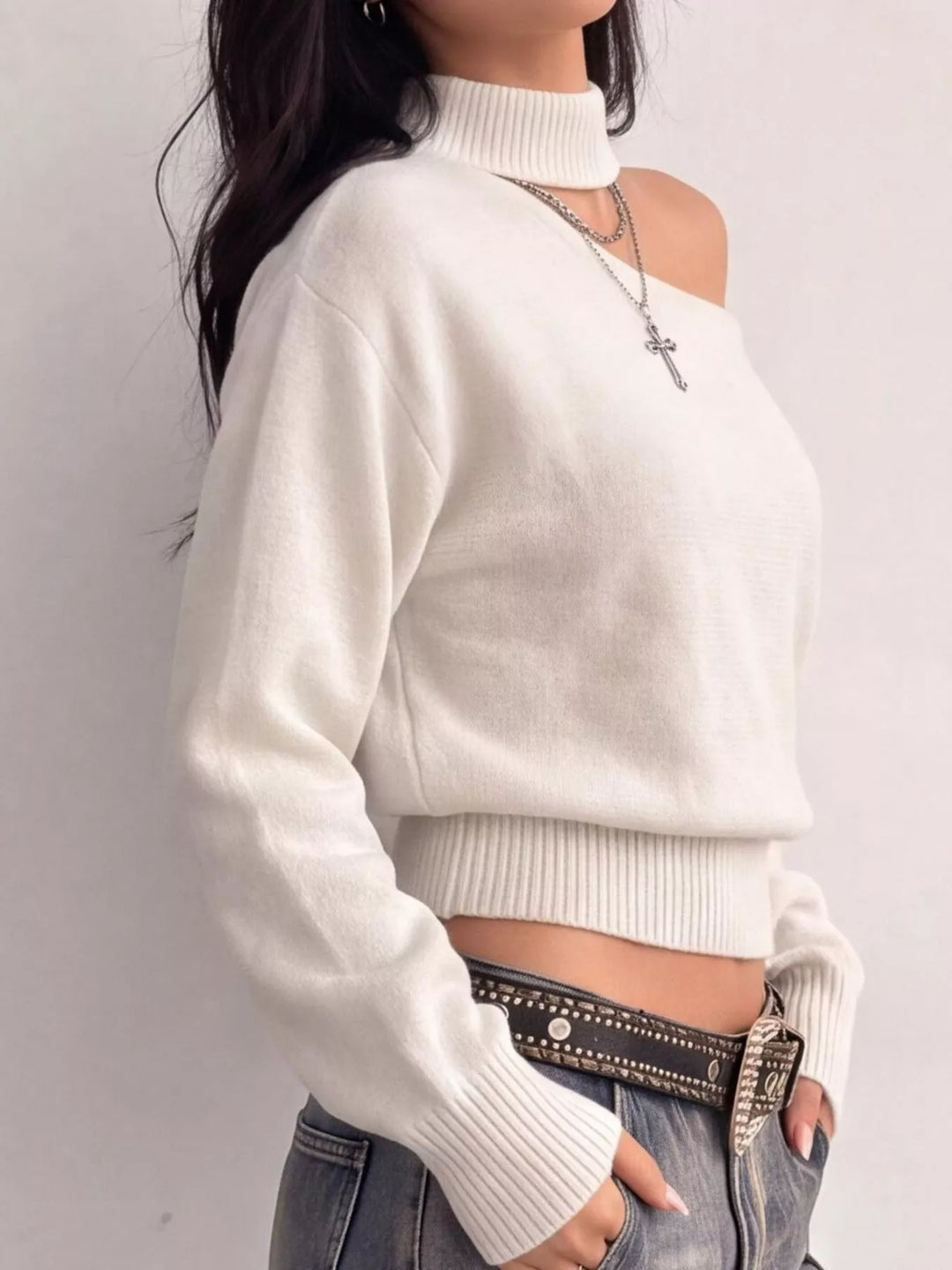 Cutout mock neck one-shoulder knit sweater