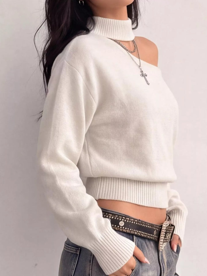 Cutout mock neck one-shoulder knit sweater