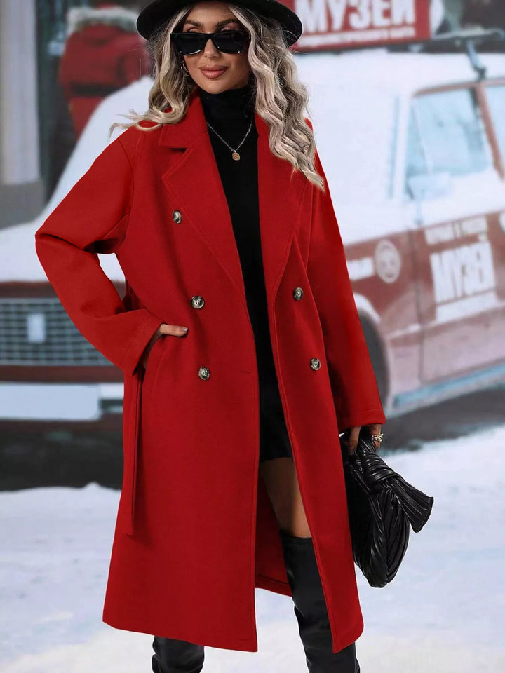 Red Double-breasted belted longline overcoat with lapel collar