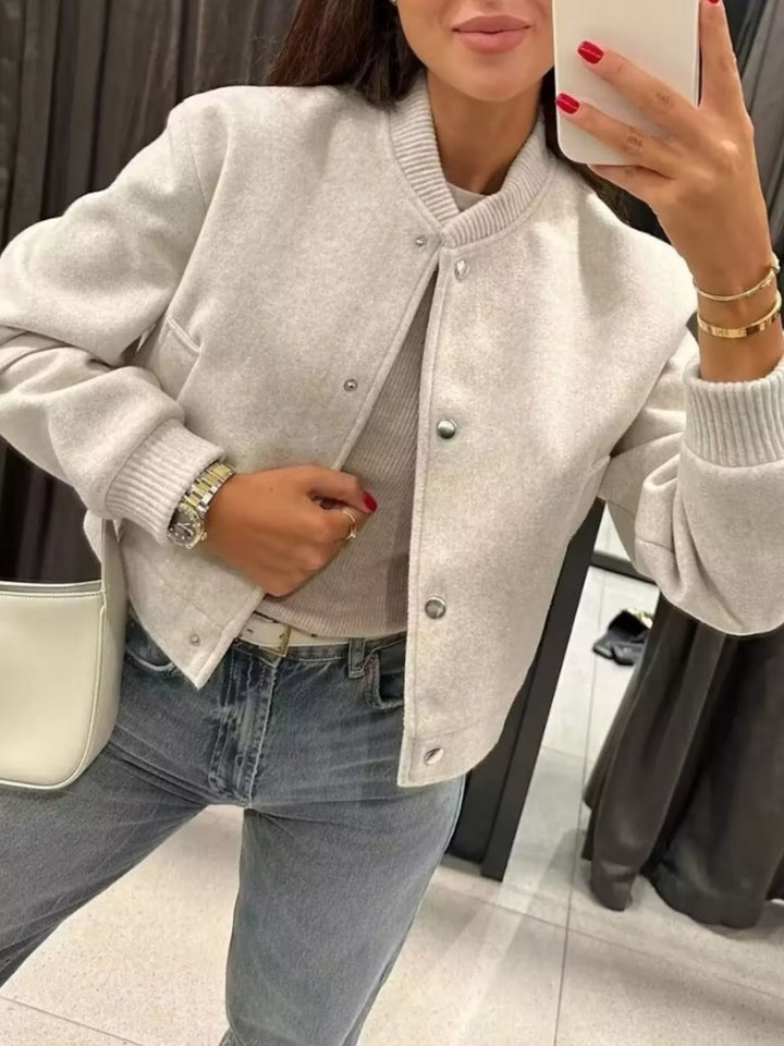 Cropped bomber jacket with snap front and ribbed trim