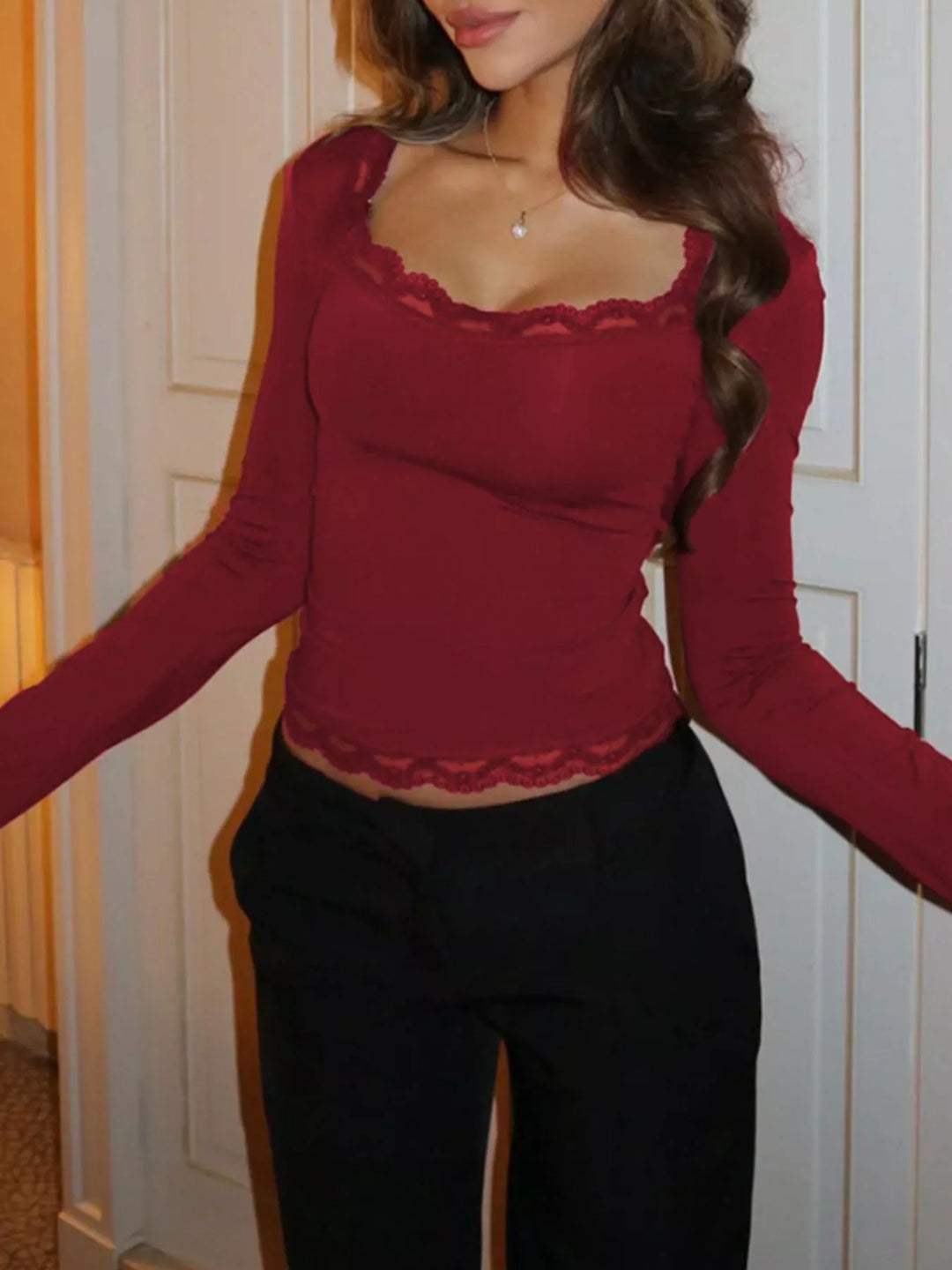 Burgundy Lace trim long sleeve top with square neck and bell cuffs