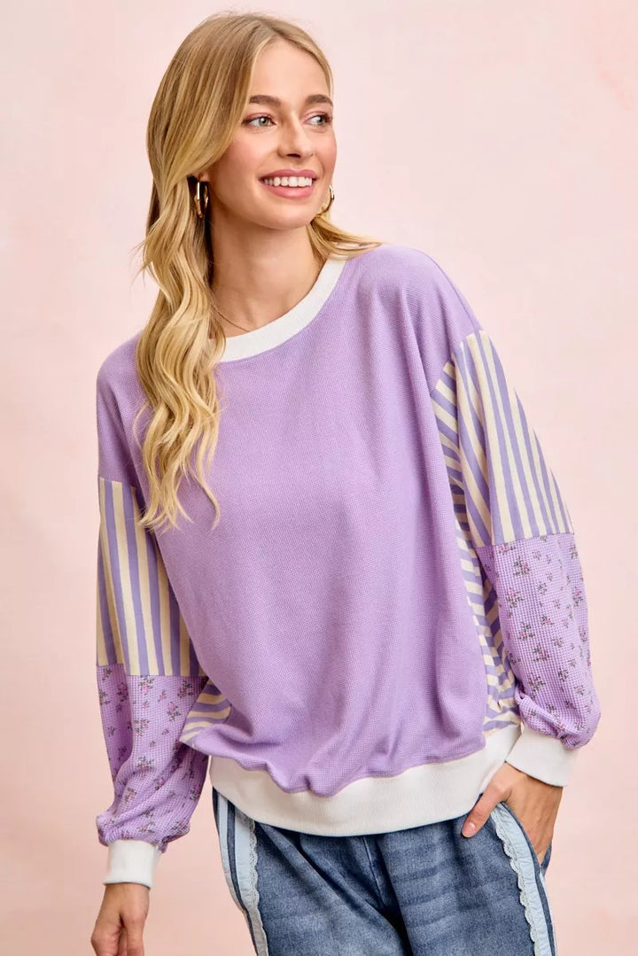 Mix-print waffle knit sweatshirt with striped and floral sleeves