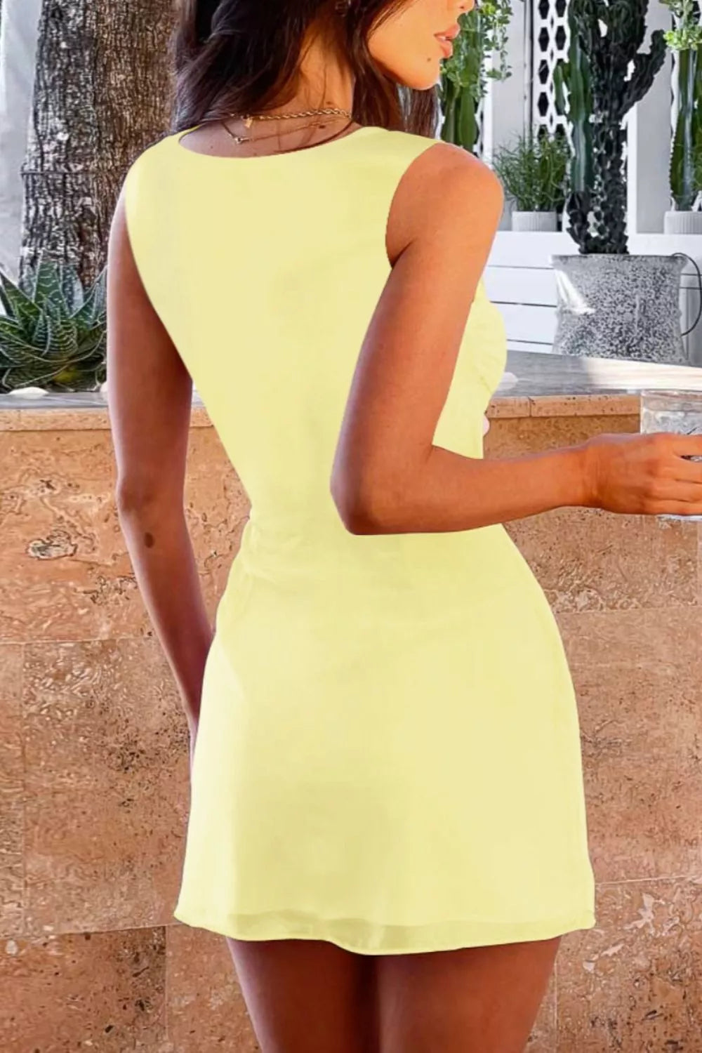 Ruched square neck mini dress with side tie