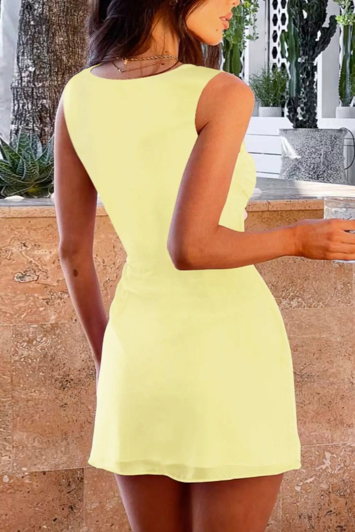 Ruched square neck mini dress with side tie