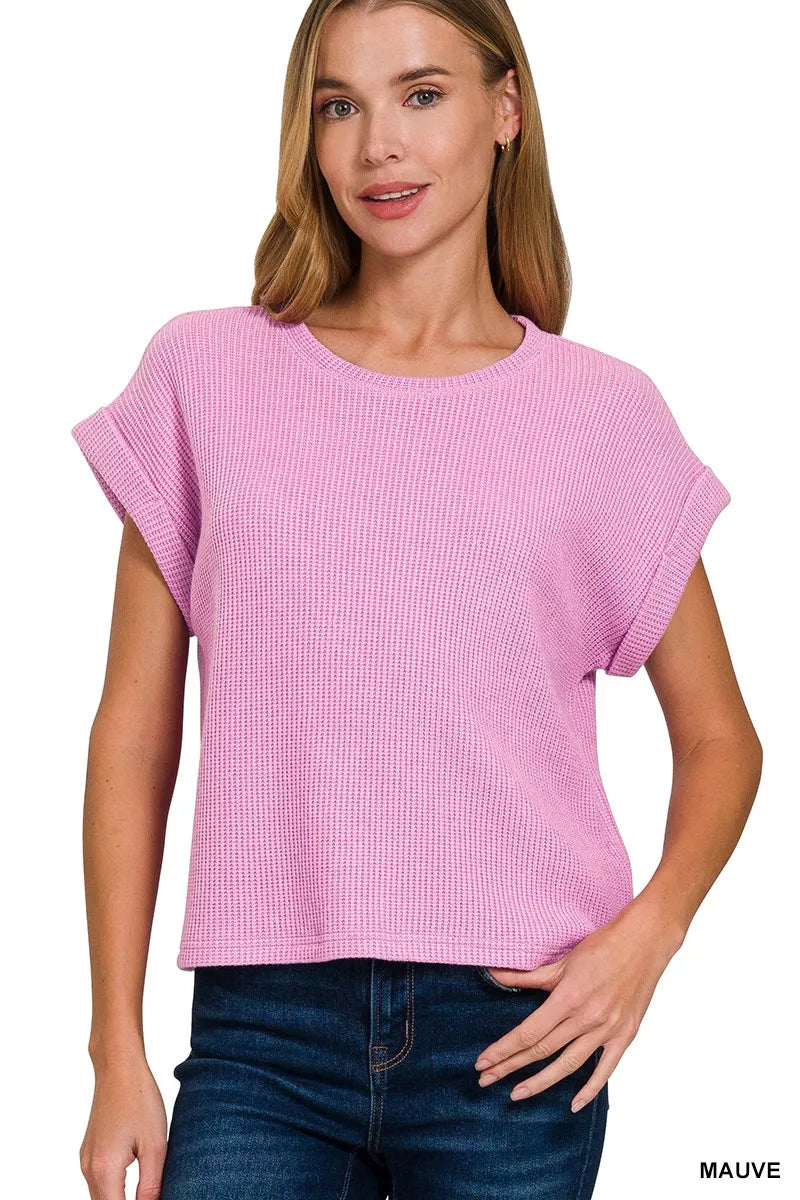 MAUVE Waffle knit boxy crew neck top with cuffed sleeves
