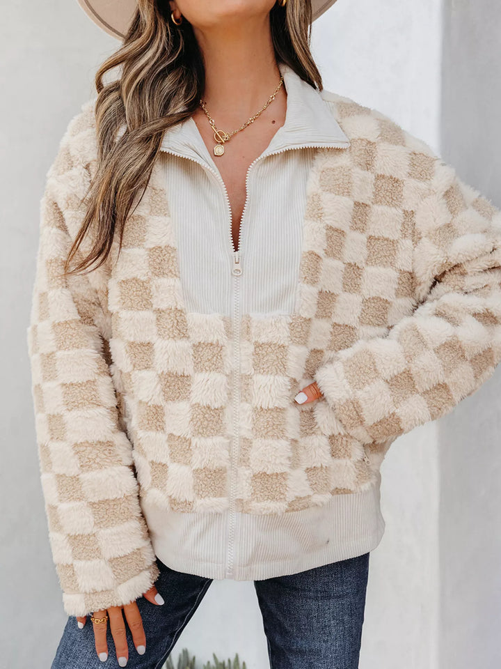 Checkered sherpa zip-up jacket with corduroy collar and trim