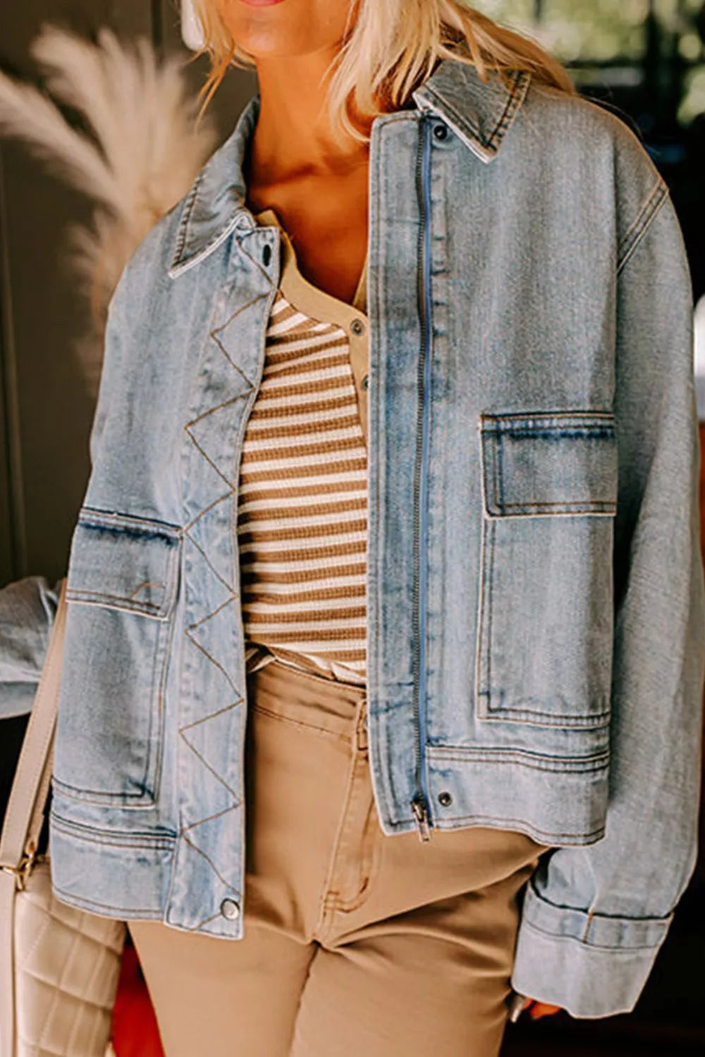 Drop shoulder zip-up denim jacket with flap pockets