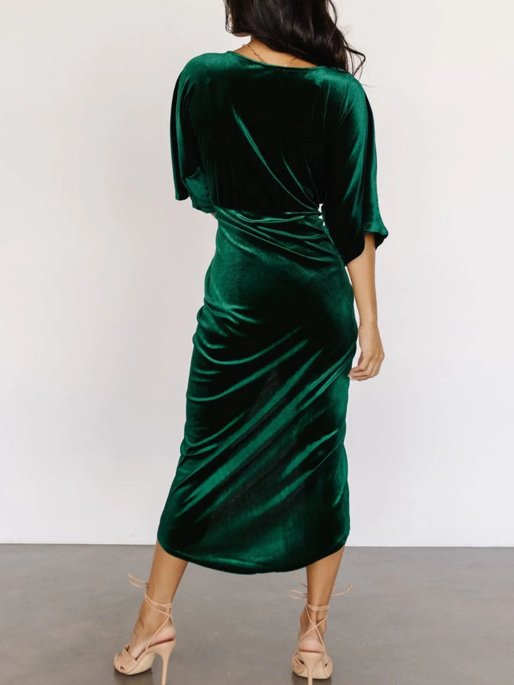 Ruched velvet wrap midi dress with surplice v-neck