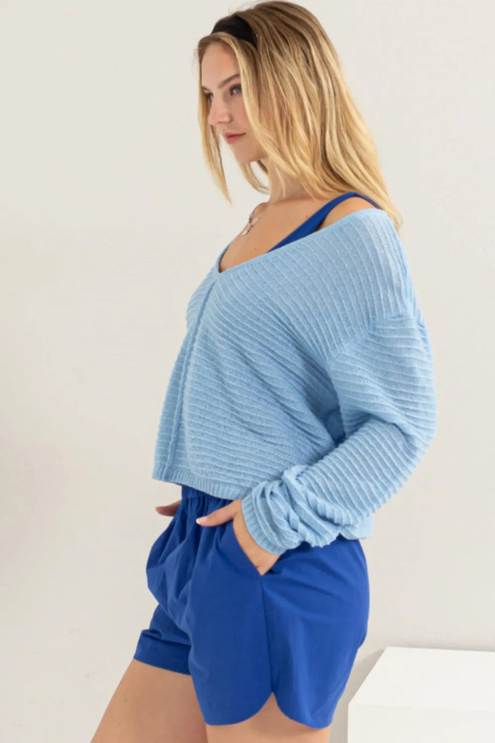 Textured stripe knit V-neck long sleeve top