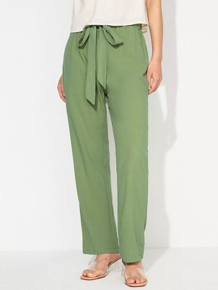Bean Green Wide leg pull-on pants with drawstring tie waist