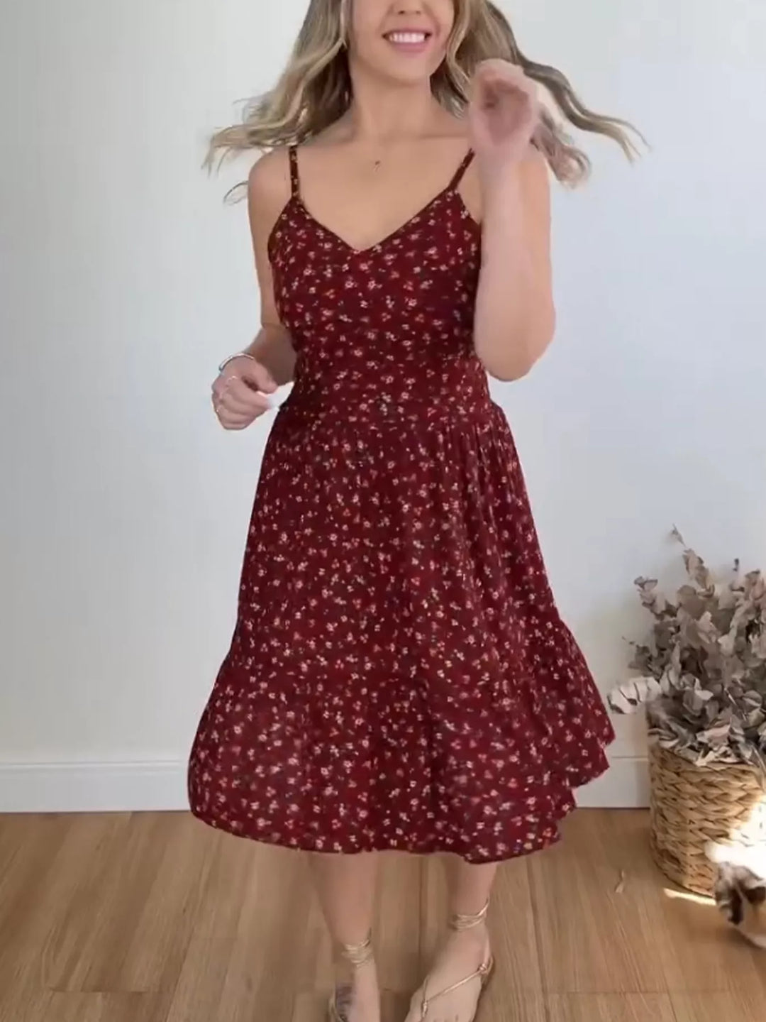 Ditsy floral spaghetti strap tiered ruffle midi sundress