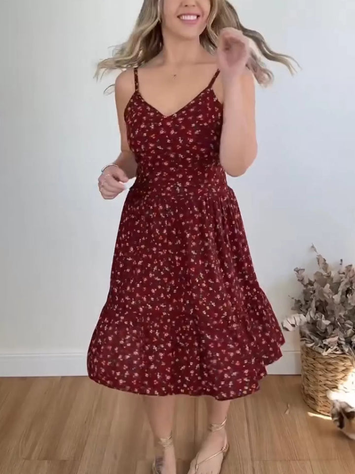 Ditsy floral spaghetti strap tiered ruffle midi sundress