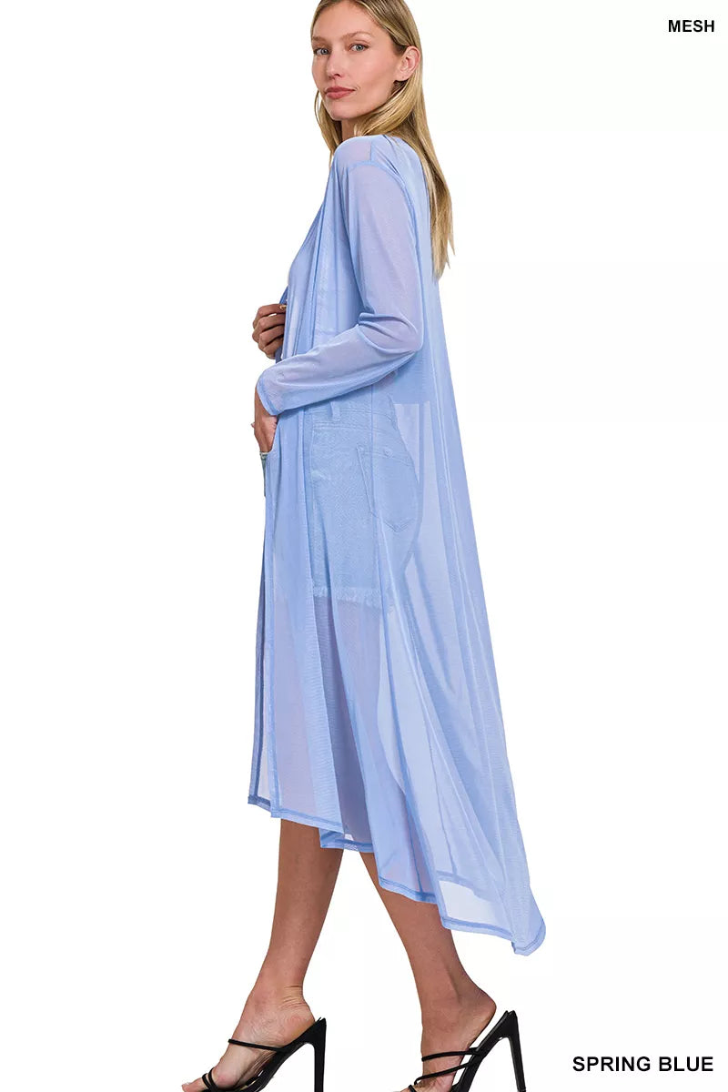 Sheer mesh open-front long duster cardigan