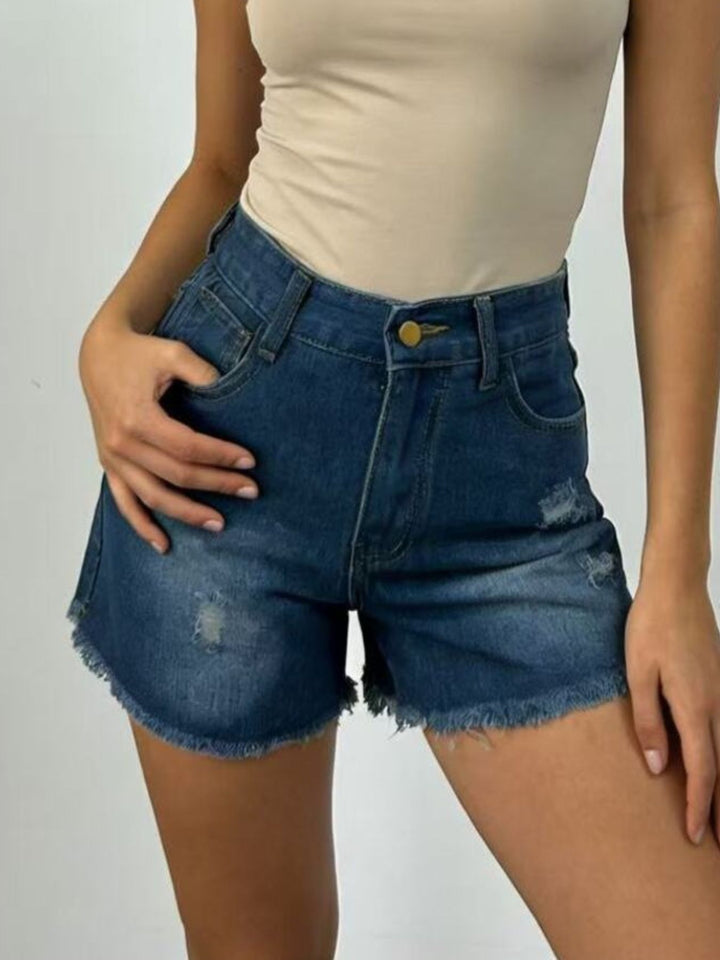 Distressed high-rise denim shorts with frayed raw hem