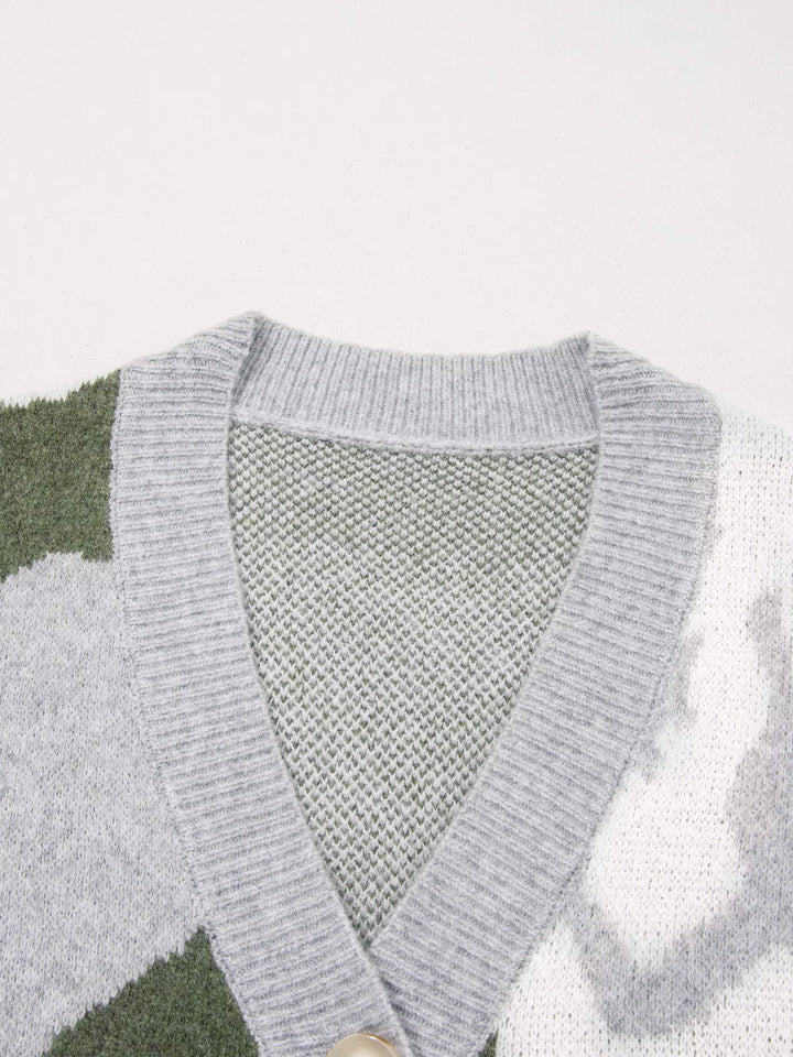 Camo knit drop shoulder cardigan with button front and pockets