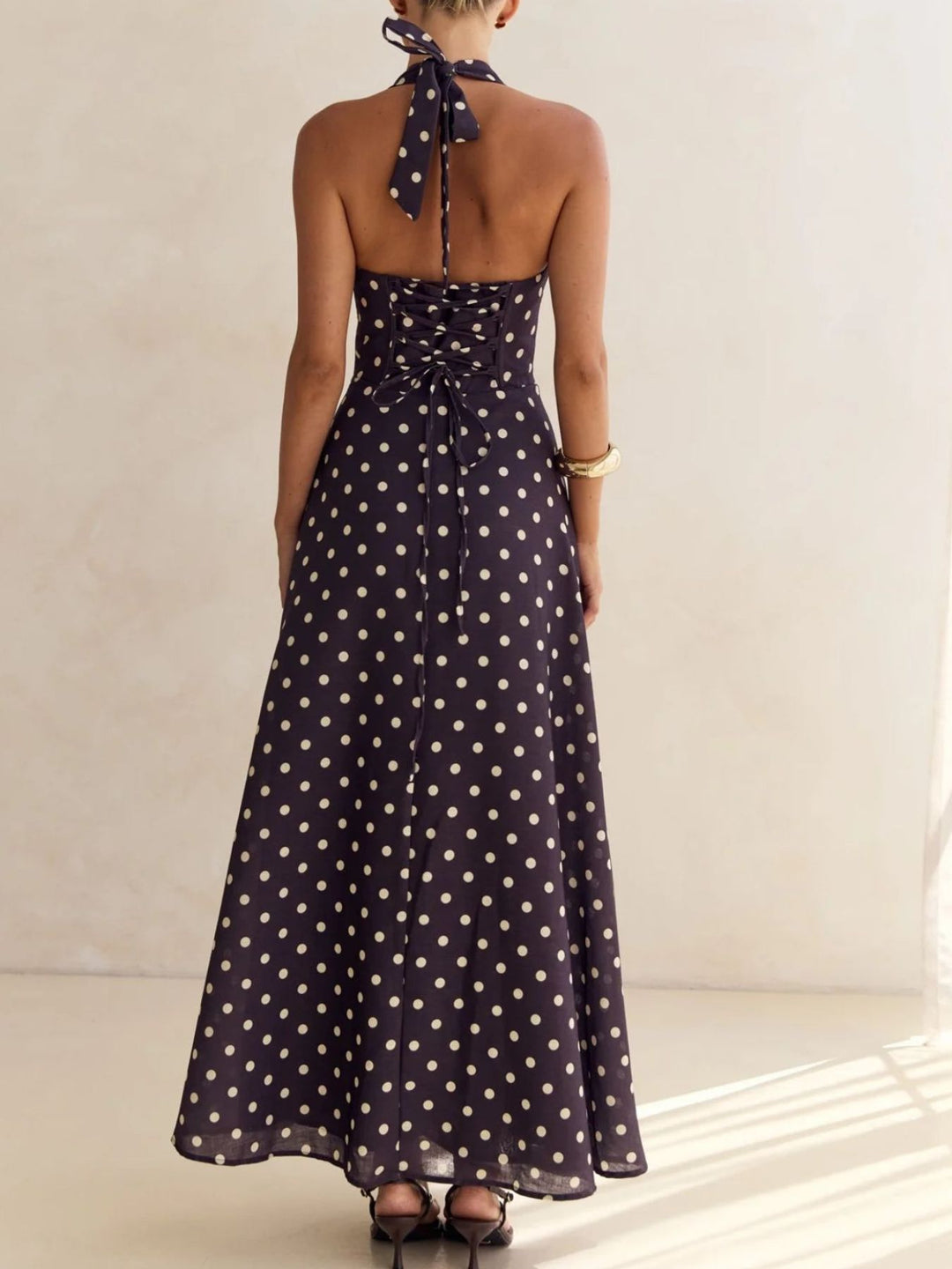 Floral print halter maxi dress with lace-up back
