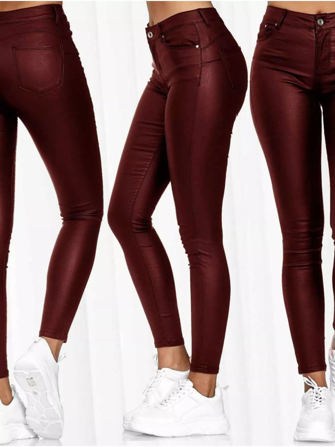 Coated high-rise skinny pants with five-pocket styling