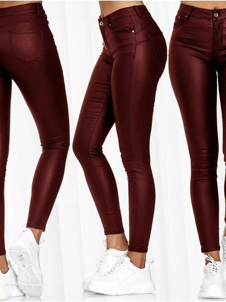 Coated high-rise skinny pants with five-pocket styling