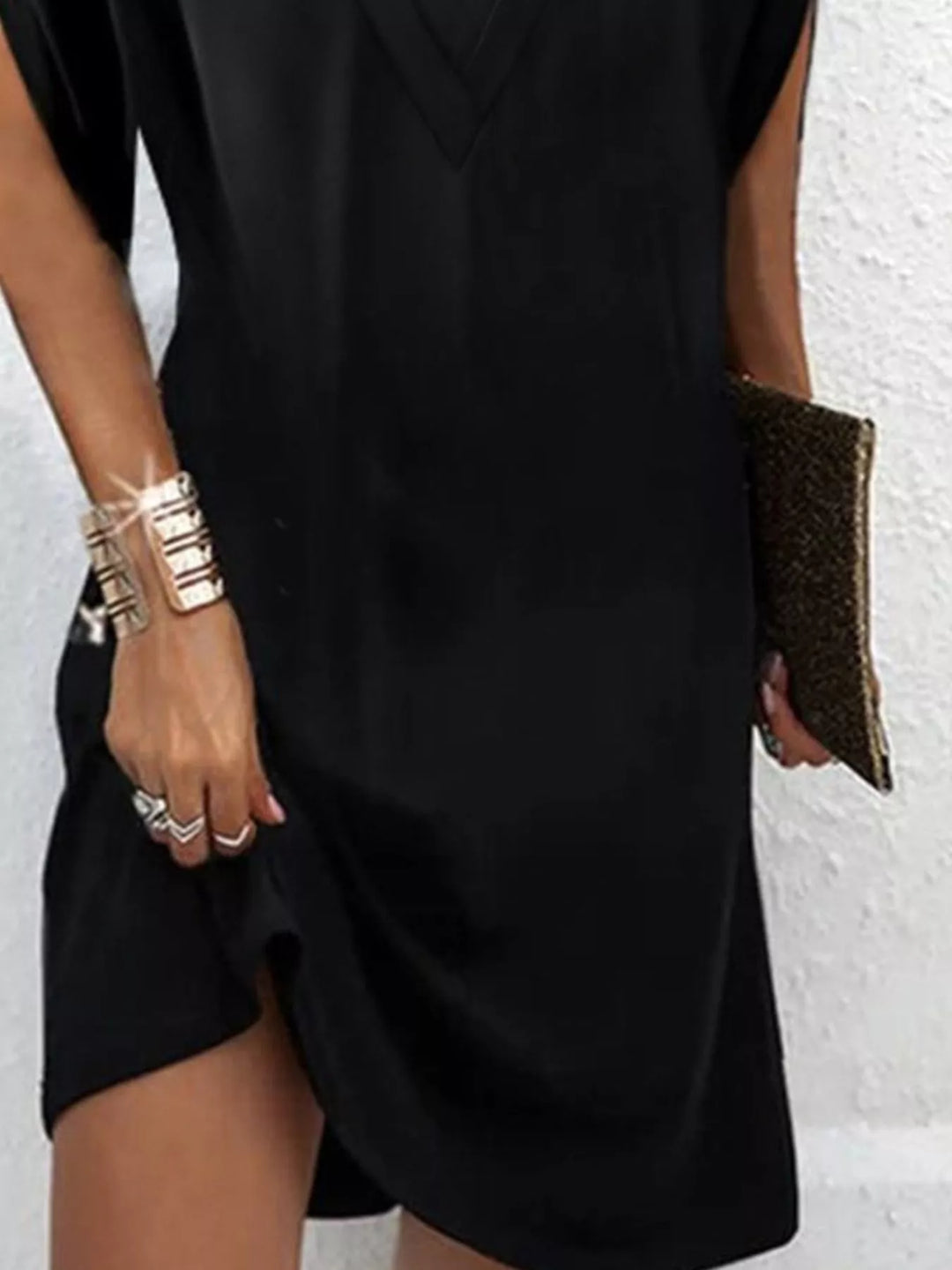Pleated V-neck split sleeve relaxed mini dress