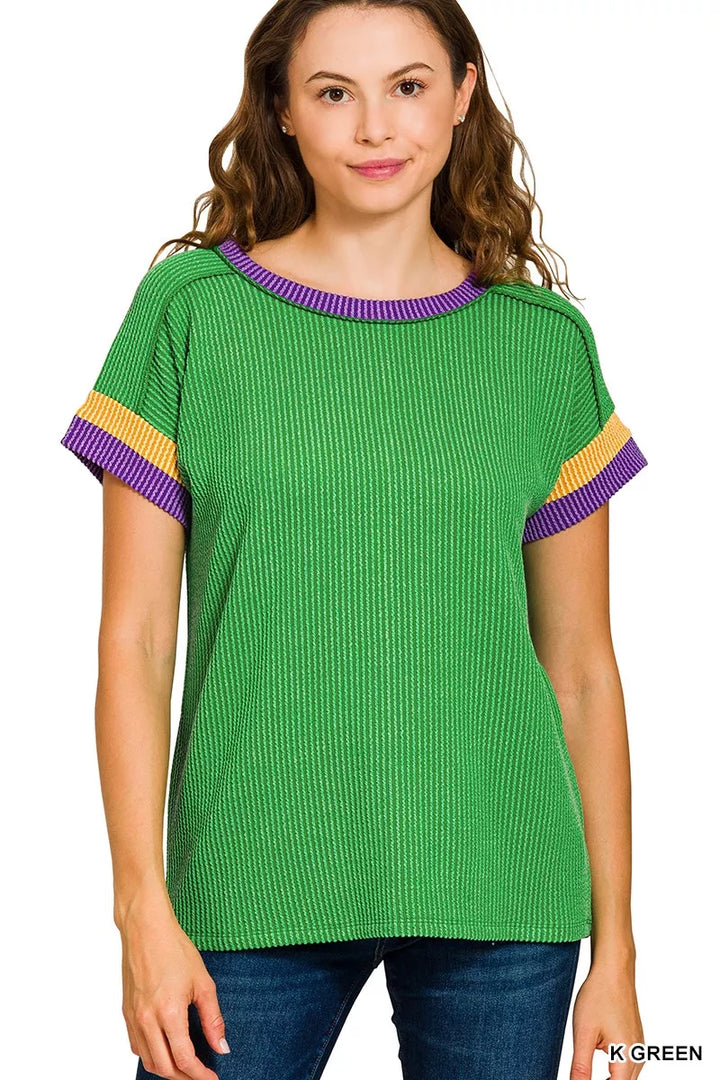 Ribbed knit tee with contrast trim collar and sleeves