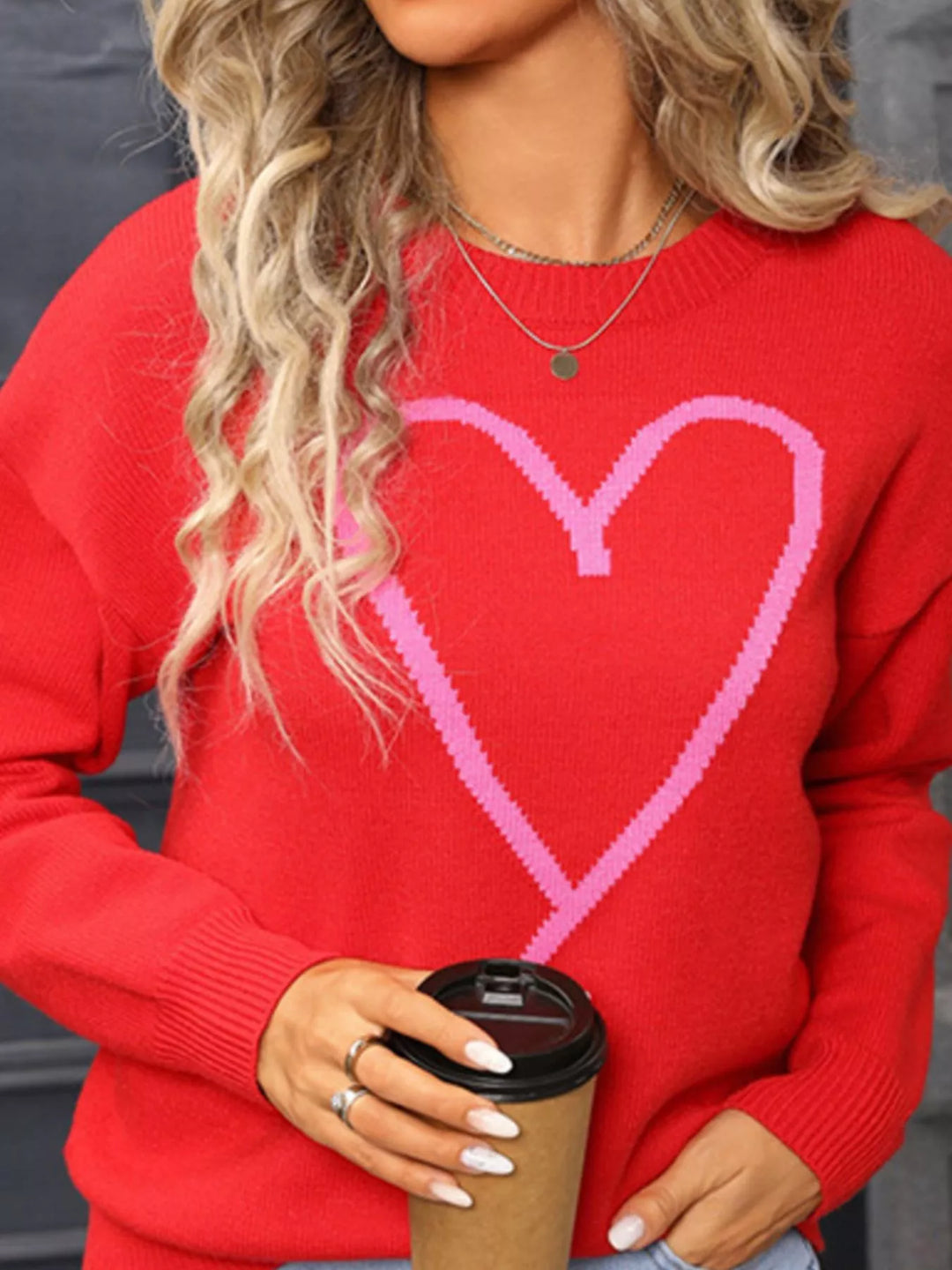 Heart graphic dropped shoulder crew neck sweater