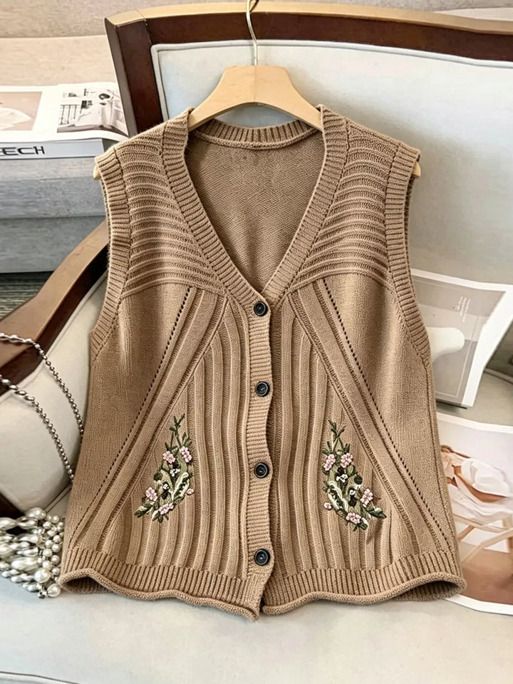 Floral embroidered knit sweater vest with button front