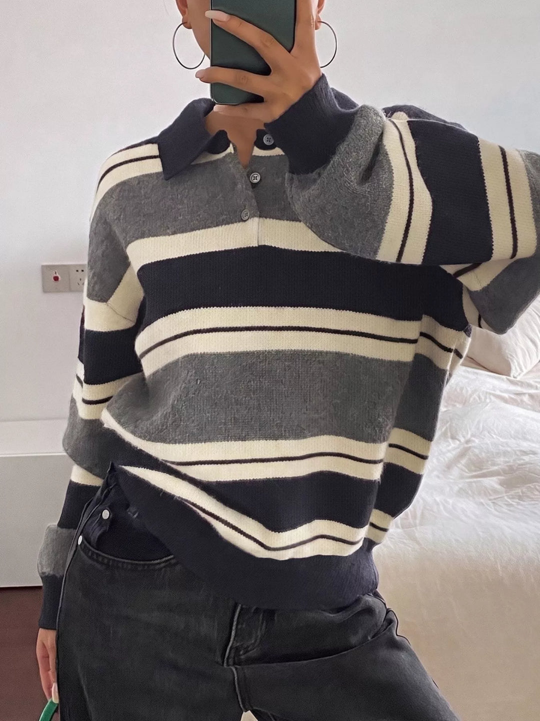 Striped polo collar sweater with button placket