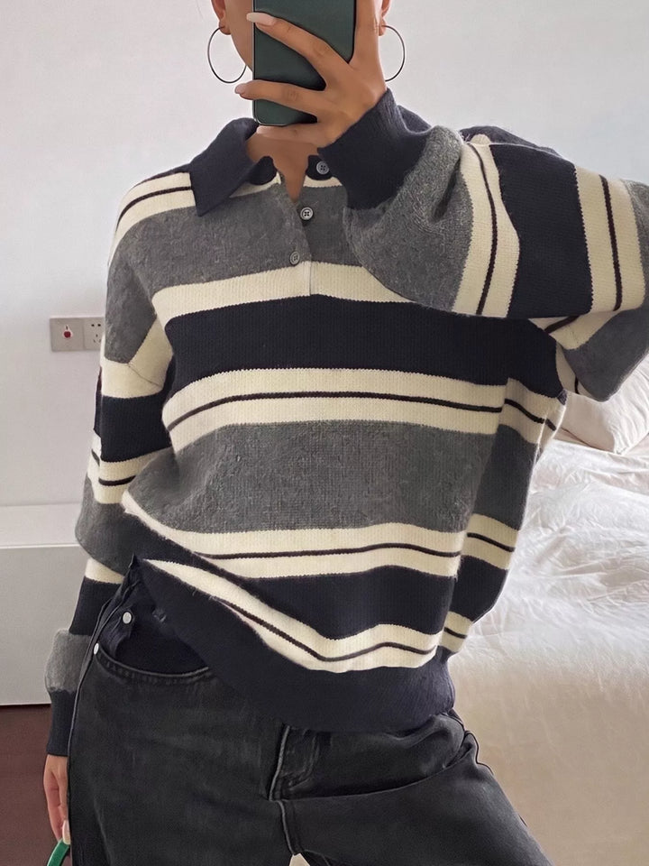 Striped polo collar sweater with button placket