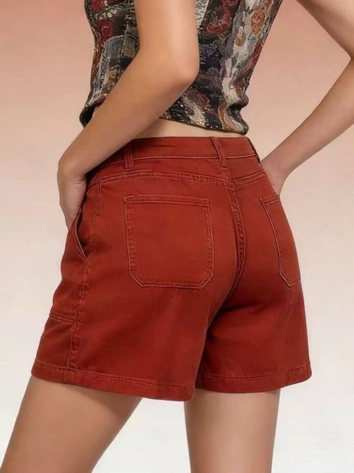 Patch pocket mid-rise denim shorts with cuffed hem