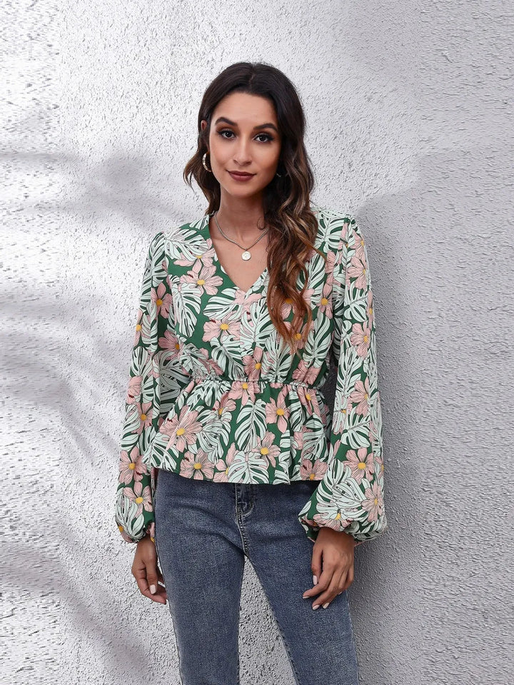 Green Floral v-neck peplum blouse with balloon sleeves