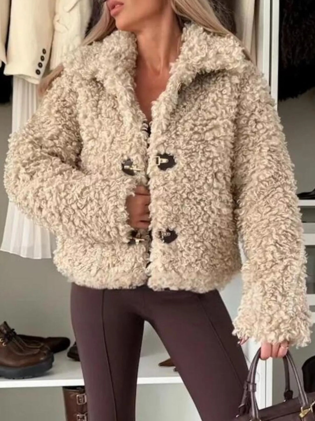 Cropped sherpa toggle-button jacket with spread collar