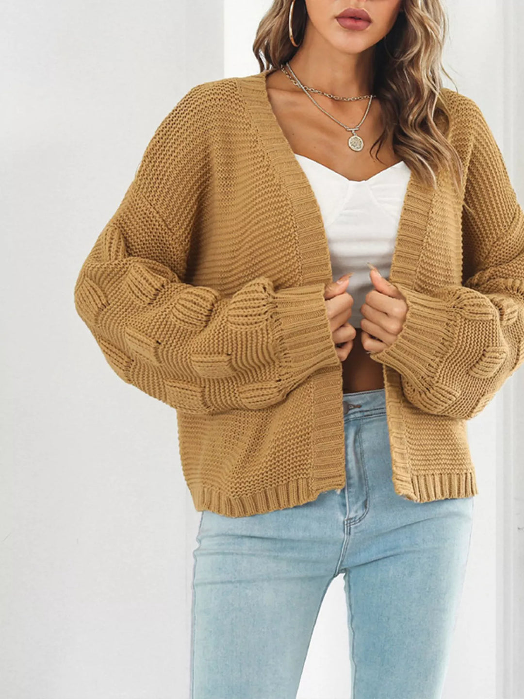 Chunky ribbed knit open-front cardigan with drop shoulders