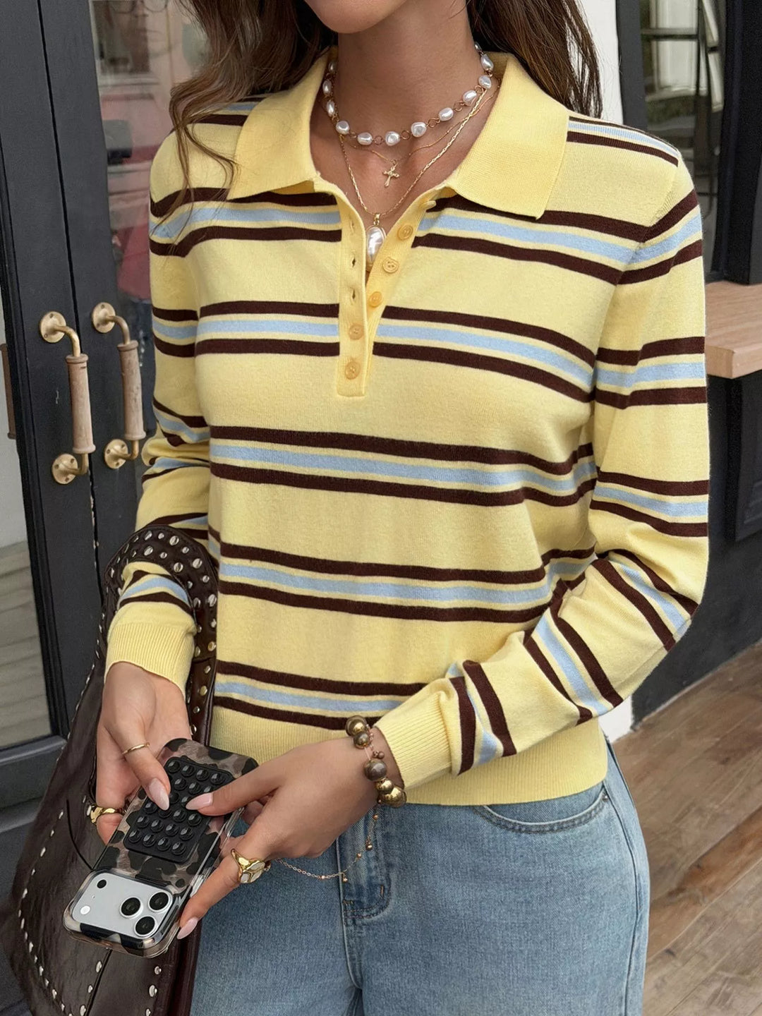 Striped polo collar knit top with button placket