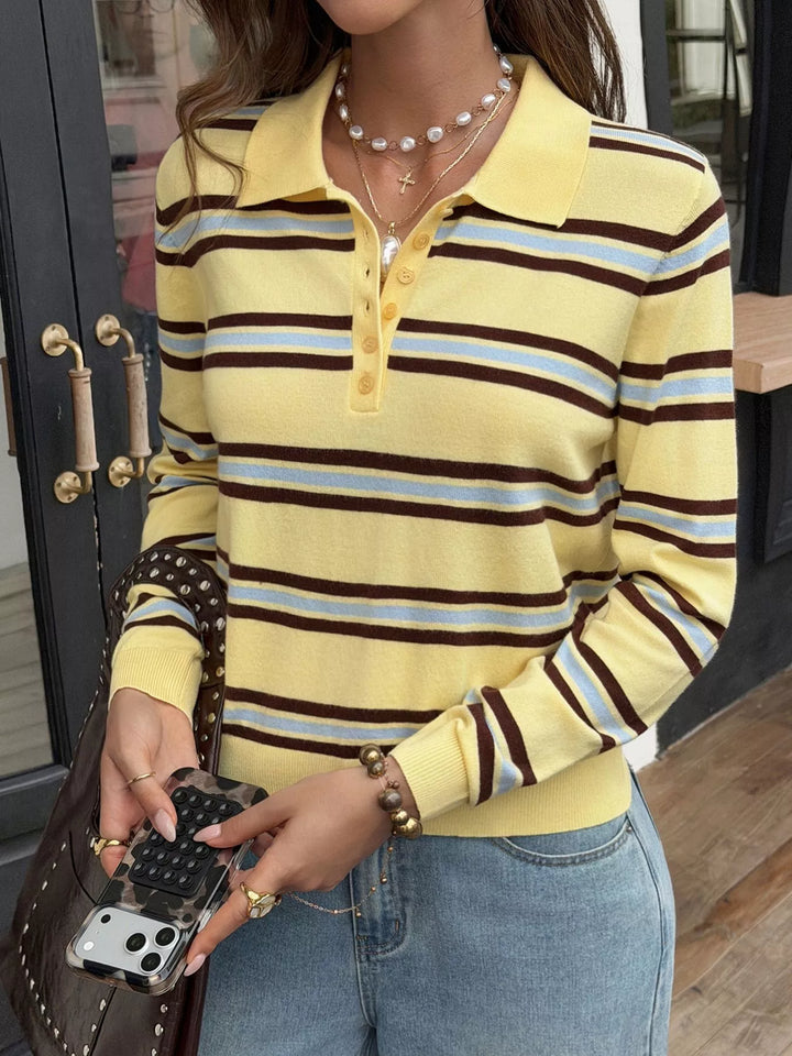 Striped polo collar knit top with button placket
