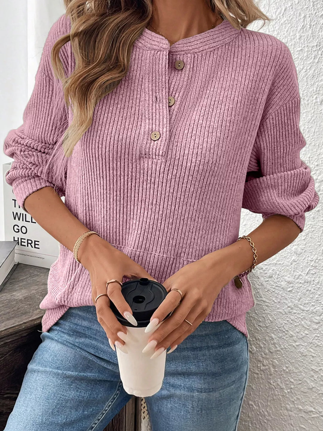 Dusty Pink Ribbed drop-shoulder henley top with wood buttons